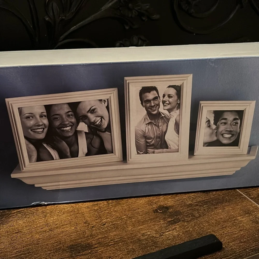 Decorative ledge and frame set. 1 20” soft, white solid, wood ledge + 3 frames